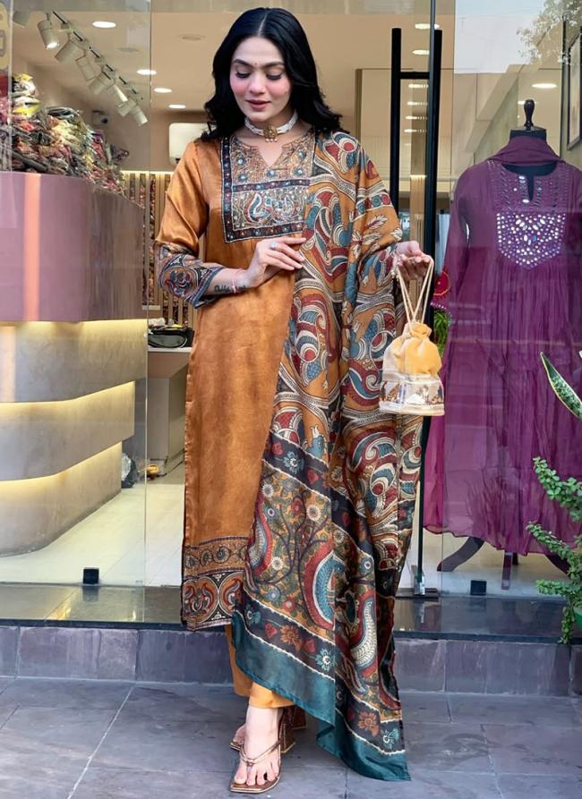 Pure Chinnon Silk Light Orange Festival Wear Printed Readymade Straight Suit